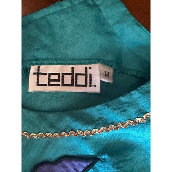 Vintage 80s Teddi Embroidered Women’s Blouse M Teal Puff Sleeve Flower Appliqué - Picture 3 of 5